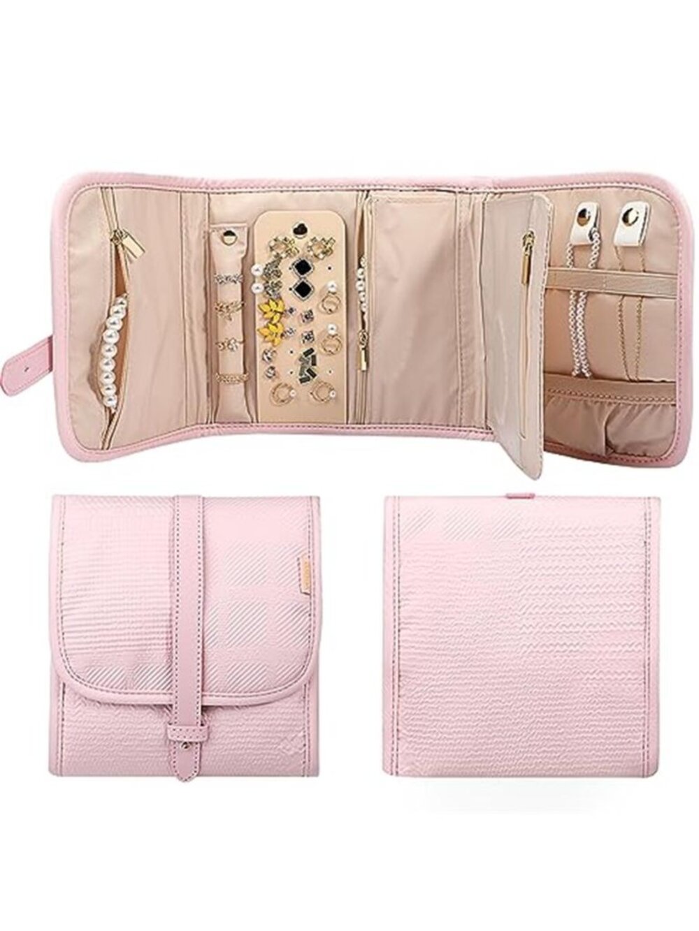 Travel Jewelry Organizer Roll Pouch Necklace Earring Ring Holder Light Pink